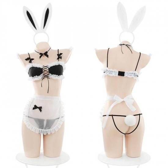 【Meltmeオリジナル】透けシアーエプロン セクシーバニーメイドコスプレ7点セット - 純欲うさぎランジェリー