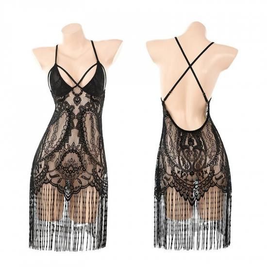 【Meltmeオリジナル】セクシー総レース透け感フリンジミニドレス | 挑発Tバック付きナイトランジェリー