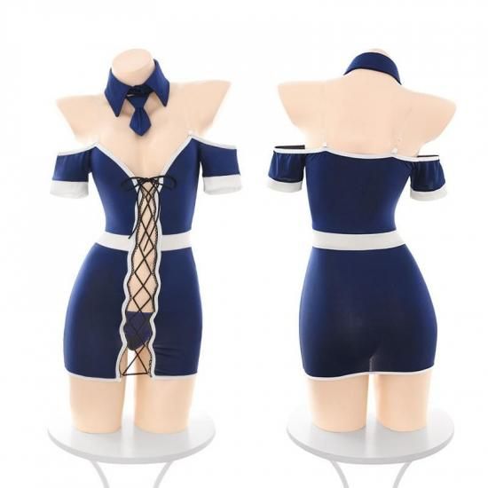 【Meltmeオリジナル】魅惑のセクシーCA制服 | オフショルダー&谷間強調ミニ丈スチュワーデスランジェリー ストッキング付き