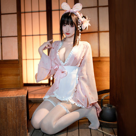 【Meltme】メイド服 セクシーコスプレ 着物|桜柄ピンクのエプロン付き セクシーランジェリー