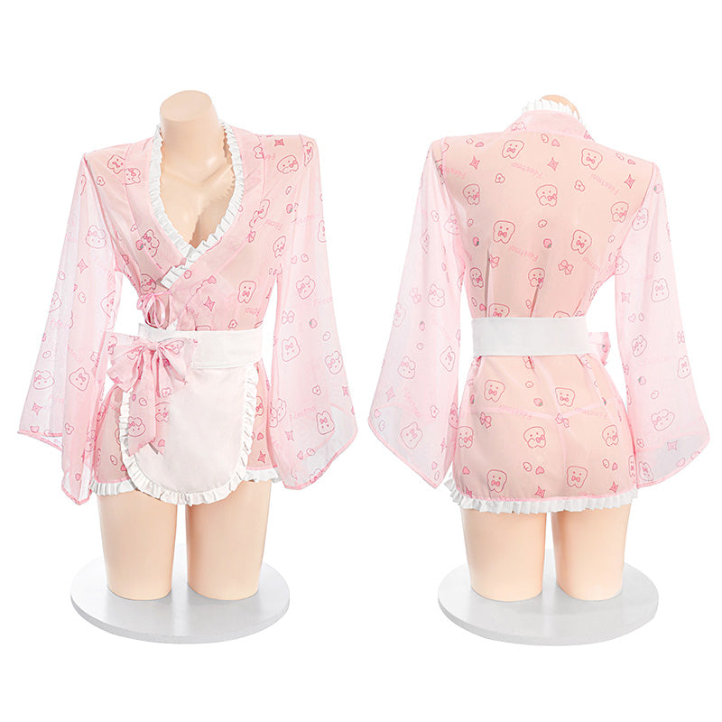 【Meltme】メイド服 セクシーコスプレ 着物|桜柄ピンクのエプロン付き セクシーランジェリー