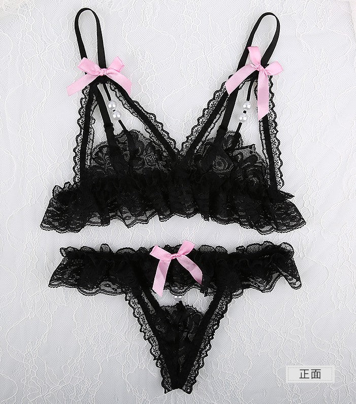 【Meltme】パール付き穴あきセクシーランジェリー 下着セット リボン 過激 ブラ&ショーツセット