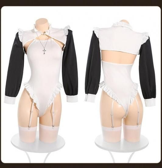 【Meltme】セクシー修道女コスプレバックレス ボンテージ風ミニドレス&ガーター付ランジェリー