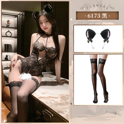 【Meltme】官能的な誘惑 総レース＆オープンクロッチ 連体ボディスーツ (猫耳/ソックス追加可)