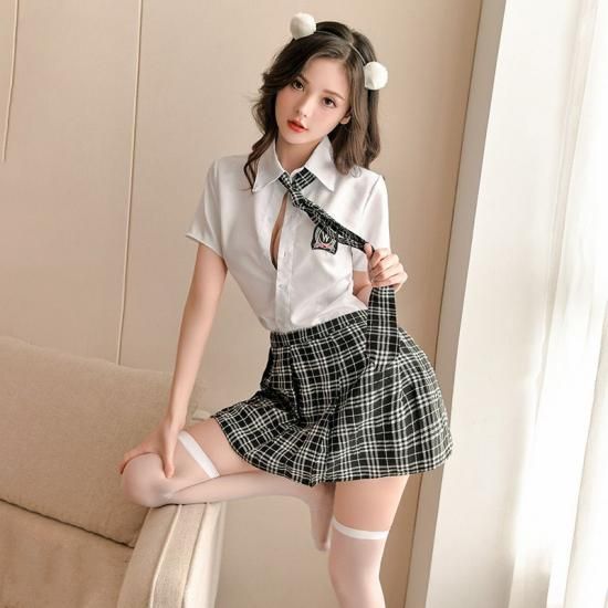 【Meltmeオリジナル】王道JK制服 セクシー学生服コスプレ5点セット - 誘惑の学園ランジェリー 白ニーハイソックス付き