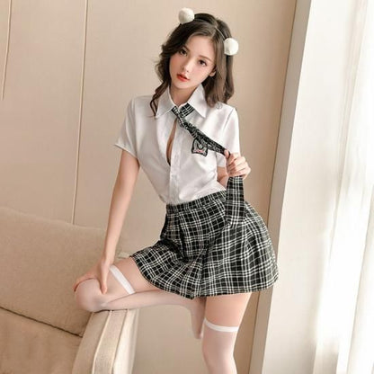 【Meltmeオリジナル】王道JK制服 セクシー学生服コスプレ5点セット - 誘惑の学園ランジェリー 白ニーハイソックス付き