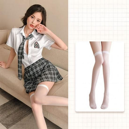 【Meltmeオリジナル】王道JK制服 セクシー学生服コスプレ5点セット - 誘惑の学園ランジェリー 白ニーハイソックス付き
