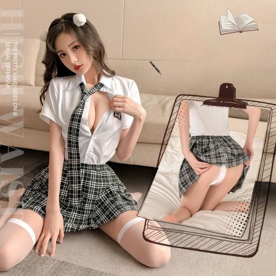 【Meltmeオリジナル】王道JK制服 セクシー学生服コスプレ5点セット - 誘惑の学園ランジェリー 白ニーハイソックス付き