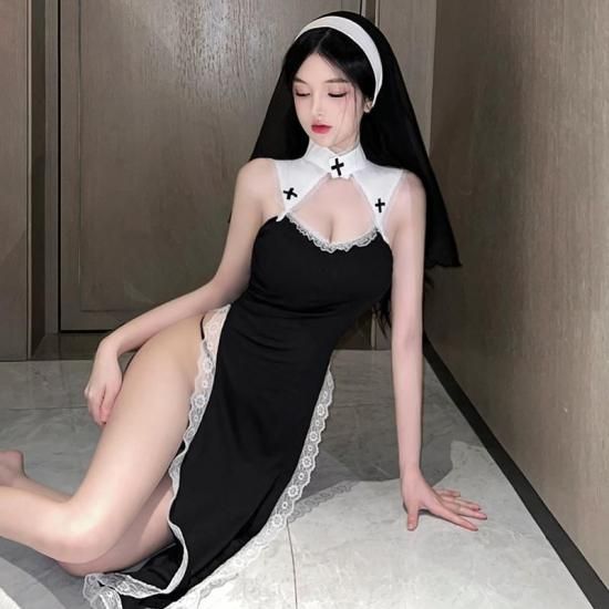【Meltme】セクシーコスプレ シスター ナース コスプレ セクシー ランジェリー 黒 衣装 大胆 過激 ベール 十字架 ハロウィン イベント