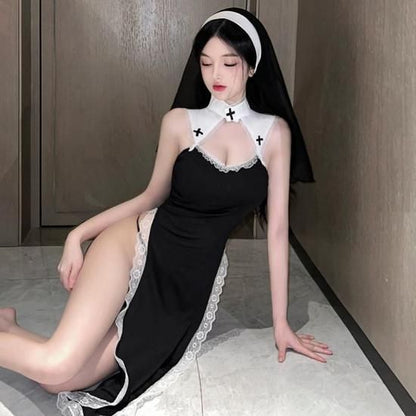 【Meltme】セクシーコスプレ シスター ナース コスプレ セクシー ランジェリー 黒 衣装 大胆 過激 ベール 十字架 ハロウィン イベント