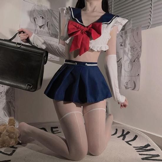 【Meltme】セーラー服 コスプレ セクシー ランジェリー ミニスカ制服 女子高生 JK 衣装 過激 リボン ストッキング付き