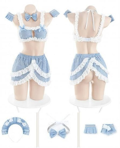 【Meltmeオリジナル】青チェック柄メイドランジェリー セクシーコスプレ - 小悪魔カフェメイド