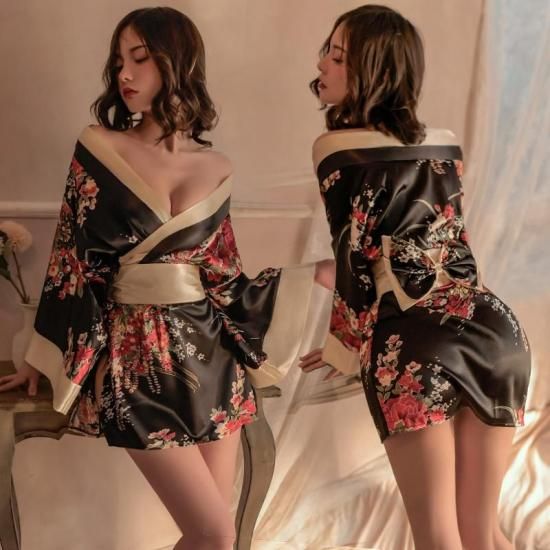 セクシーコスプレ 和服 ランジェリー セクシー 着物 コスプレ 花魁 浴衣 寝間着 黒 | 桜柄 ガウン