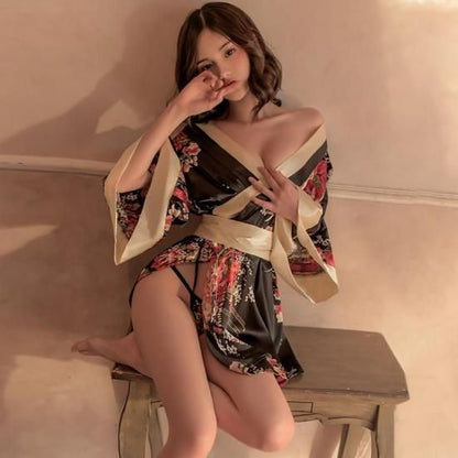 セクシーコスプレ 和服 ランジェリー セクシー 着物 コスプレ 花魁 浴衣 寝間着 黒 | 桜柄 ガウン