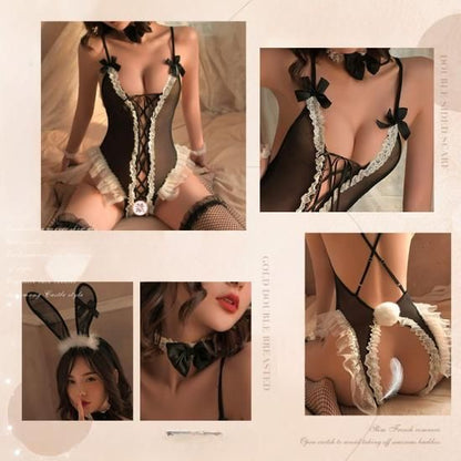 過激セクシーバニーガールコスプレ ブラック オープンクロッチ＆バスト レースアップデザイン 【Meltme】