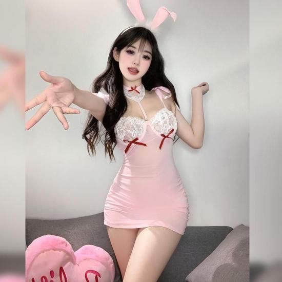 【甘ふわピンク×レース】兎耳 メイド バニーガール セクシーコスプレ ランジェリーセット ストッキング付き【Meltme】