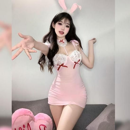 【甘ふわピンク×レース】兎耳 メイド バニーガール セクシーコスプレ ランジェリーセット ストッキング付き【Meltme】
