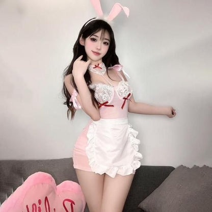 【甘ふわピンク×レース】兎耳 メイド バニーガール セクシーコスプレ ランジェリーセット ストッキング付き【Meltme】