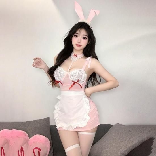 【甘ふわピンク×レース】兎耳 メイド バニーガール セクシーコスプレ ランジェリーセット ストッキング付き【Meltme】