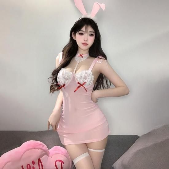 【甘ふわピンク×レース】兎耳 メイド バニーガール セクシーコスプレ ランジェリーセット ストッキング付き【Meltme】