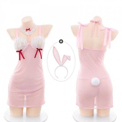【甘ふわピンク×レース】兎耳 メイド バニーガール セクシーコスプレ ランジェリーセット ストッキング付き【Meltme】