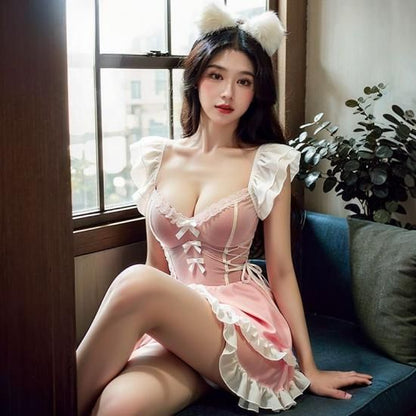 【メイドコスプレ】甘ふわピンク メイドランジェリー セクシーコスプレ - Meltme