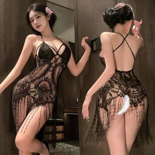 【Meltmeオリジナル】セクシー総レース透け感フリンジミニドレス | 挑発Tバック付きナイトランジェリー