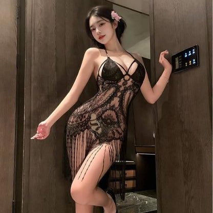 【Meltmeオリジナル】セクシー総レース透け感フリンジミニドレス | 挑発Tバック付きナイトランジェリー