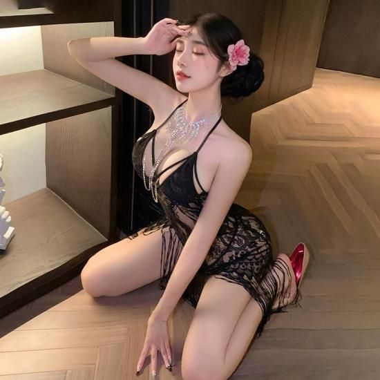 【Meltmeオリジナル】セクシー総レース透け感フリンジミニドレス | 挑発Tバック付きナイトランジェリー