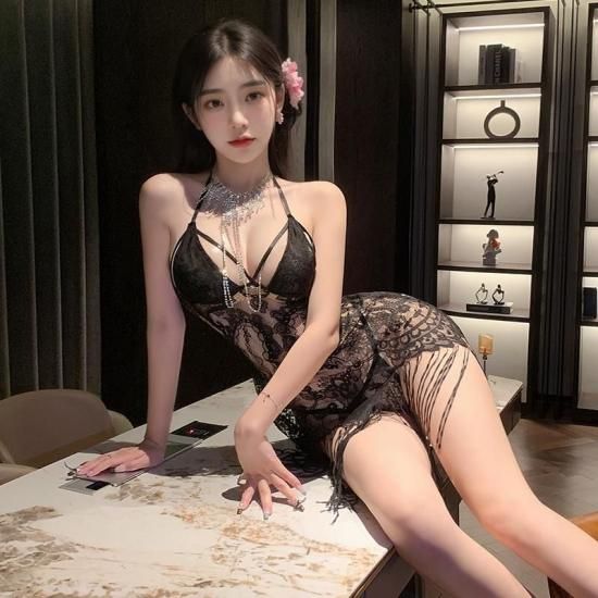 【Meltmeオリジナル】セクシー総レース透け感フリンジミニドレス | 挑発Tバック付きナイトランジェリー