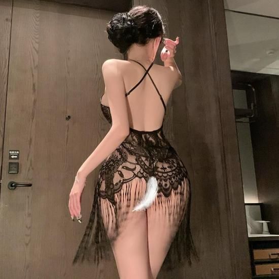 【Meltmeオリジナル】セクシー総レース透け感フリンジミニドレス | 挑発Tバック付きナイトランジェリー