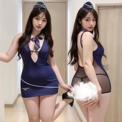 【Meltmeオリジナル】セクシースチュワーデス | 透け感バック＆超ミニ丈・CA制服コスプレ【ガーター網タイツ追加可】