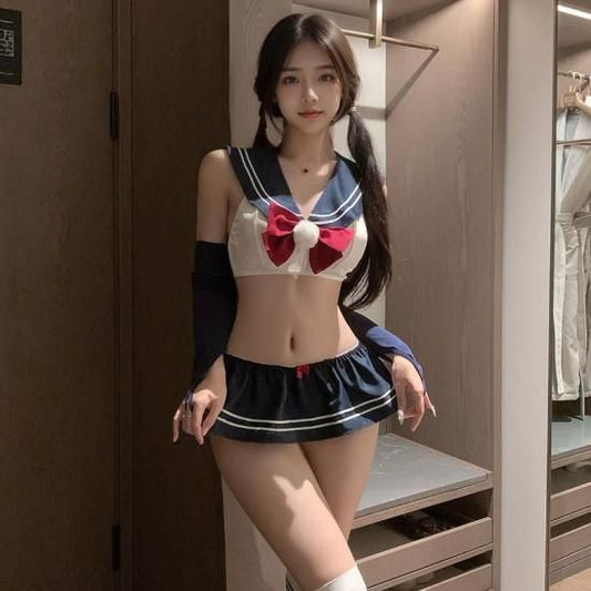 【Meltme】オリジナルセクシーJK制服 | ミニ丈トップス＆プリーツスカート・スクールガールコスプレ ホワイトニーハイソックス付き