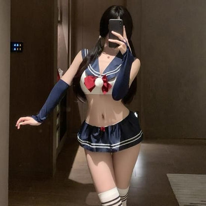 【Meltme】オリジナルセクシーJK制服 | ミニ丈トップス＆プリーツスカート・スクールガールコスプレ ホワイトニーハイソックス付き