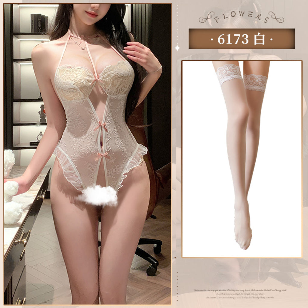 【Meltme】官能的な誘惑 総レース＆オープンクロッチ 連体ボディスーツ (猫耳/ソックス追加可)