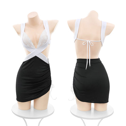 【Meltmeオリジナル】秘書 コスプレ セクシー ランジェリー 白黒 ワンピース キャバ嬢 ドレス 衣装 過激 OL　ストッキング付き