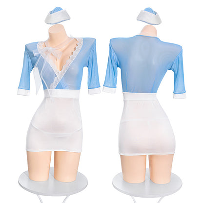 【Meltmeオリジナル】セクシーCA制服 | 超深V露胸＆透け感バック・ミニ丈スチュワーデスランジェリー