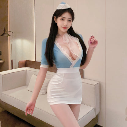 【Meltmeオリジナル】セクシーCA制服 | 超深V露胸＆透け感バック・ミニ丈スチュワーデスランジェリー