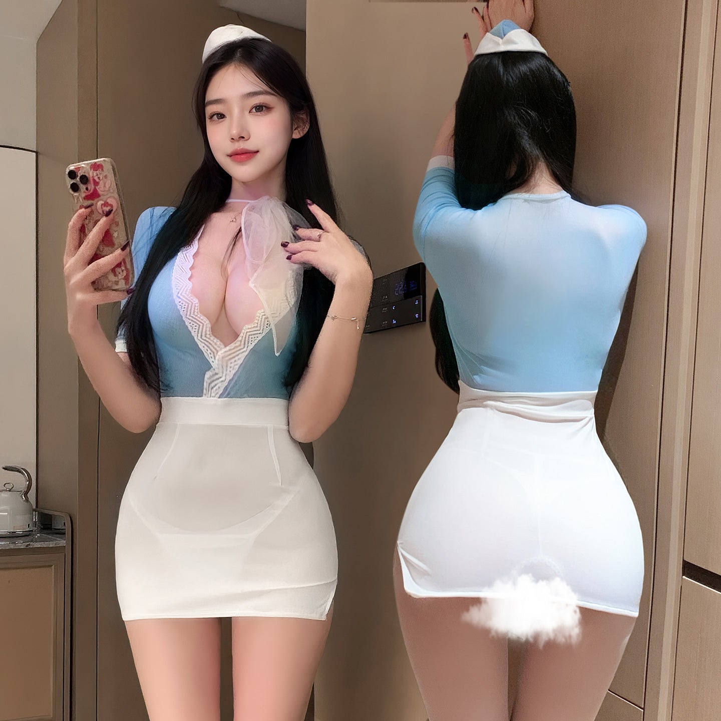 【Meltmeオリジナル】セクシーCA制服 | 超深V露胸＆透け感バック・ミニ丈スチュワーデスランジェリー