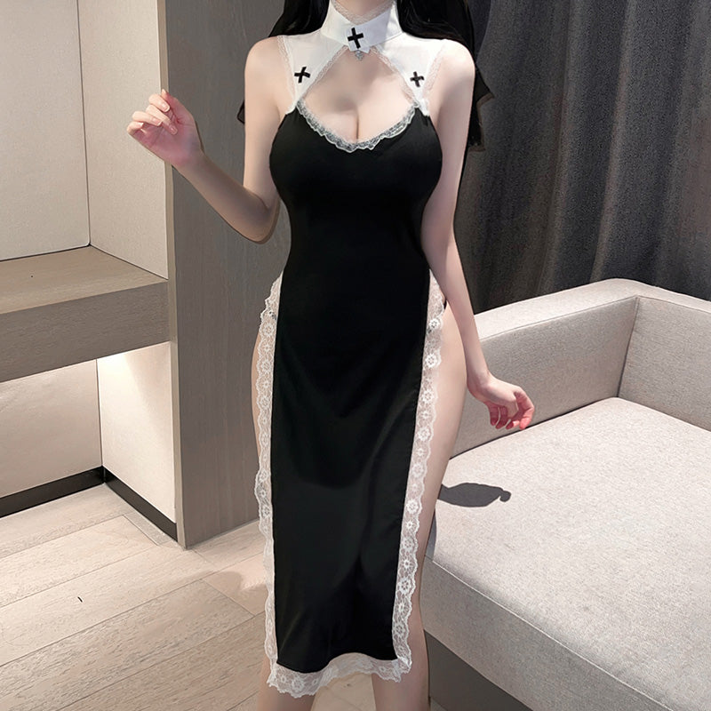 【Meltme】セクシーコスプレ シスター ナース コスプレ セクシー ランジェリー 黒 衣装 大胆 過激 ベール 十字架 ハロウィン イベント