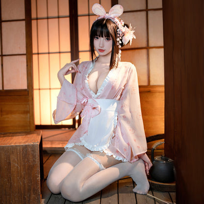【Meltme】メイド服 セクシーコスプレ 着物｜桜柄ピンクのエプロン付き セクシーランジェリー