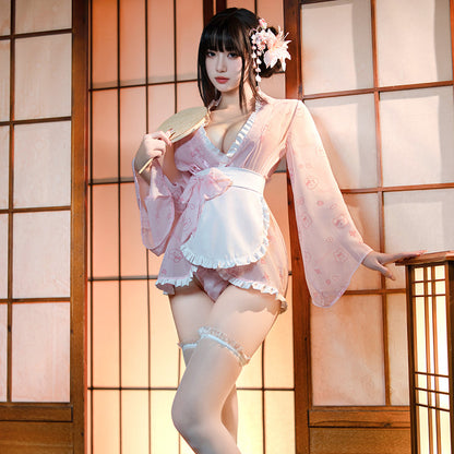 【Meltme】メイド服 セクシーコスプレ 着物｜桜柄ピンクのエプロン付き セクシーランジェリー