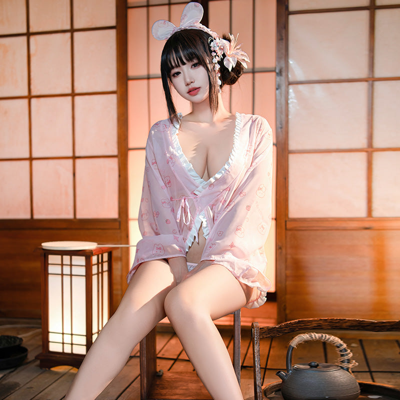 【Meltme】メイド服 セクシーコスプレ 着物｜桜柄ピンクのエプロン付き セクシーランジェリー