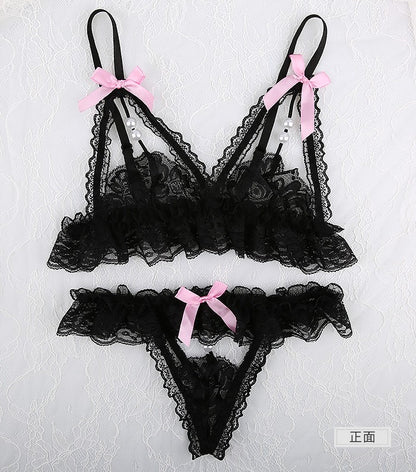 【Meltme】パール付き穴あきセクシーランジェリー 下着セット リボン 過激 ブラ＆ショーツセット